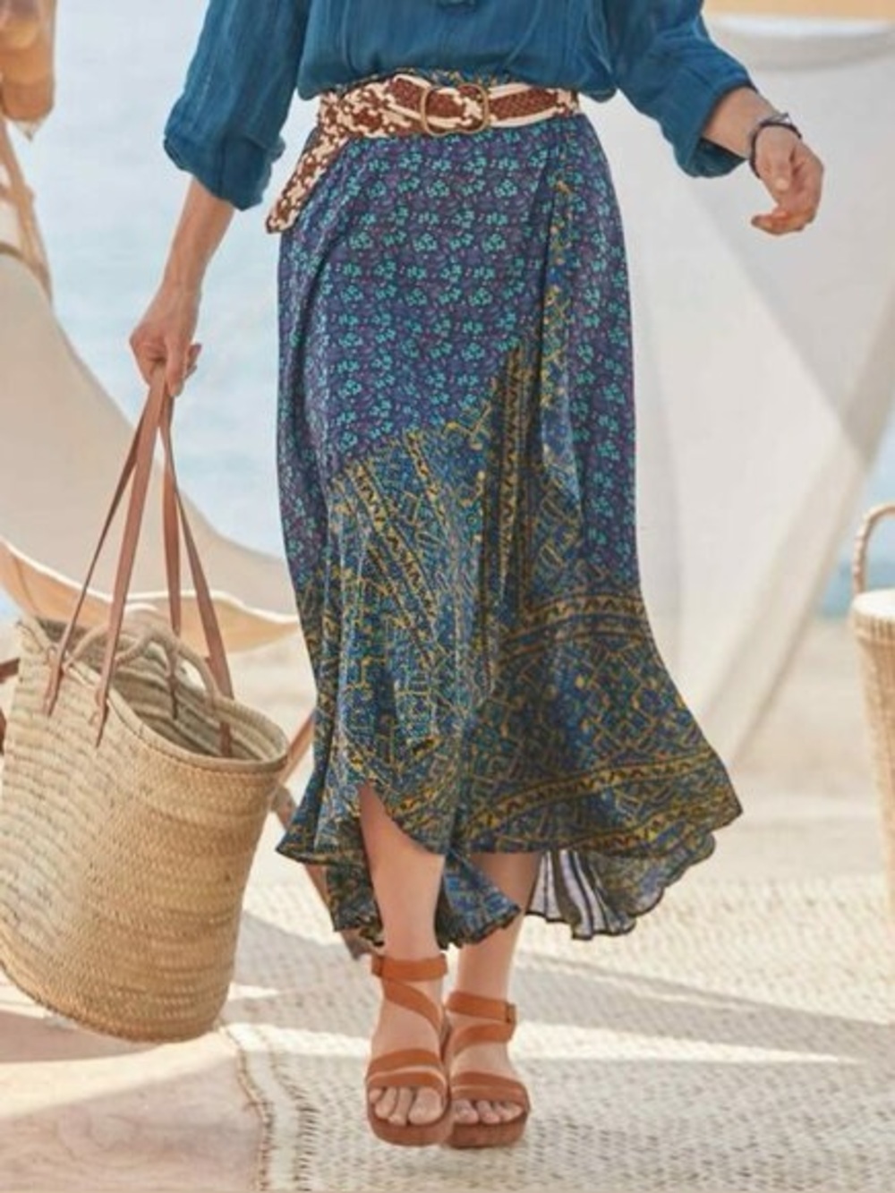 Sundance Fiafia Wrap Skirt Blue Bohemian Boho Festival Summer Resort Beach Large